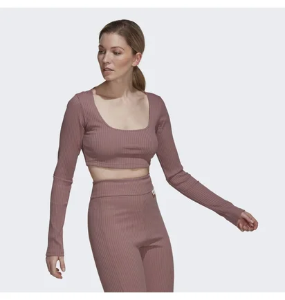 Лонгслів жіночий Adidas Studio Lounge Ribbed Cropped Long Sleeve Tee Brown Hh8500