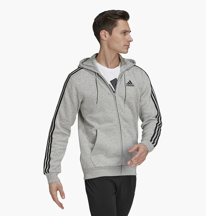 Толстовка мужская Adidas Essentials Fleece 3-Stripes Full-Zip Hoodie Grey HB0041