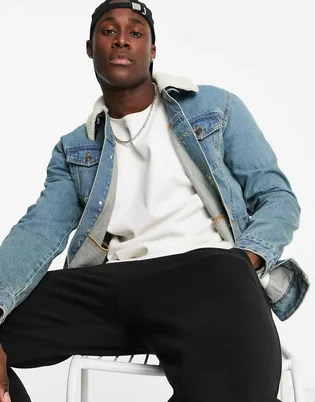 Джинсовка чоловіча Asos Asos Design Denim Jacket With Detachable Borg Collar Blue 109693753