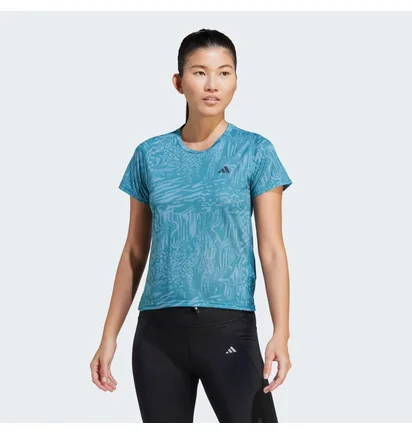 Футболка женская Adidas Run Icons 3 Bar Logo Allover Print Running Light Blue IL1744