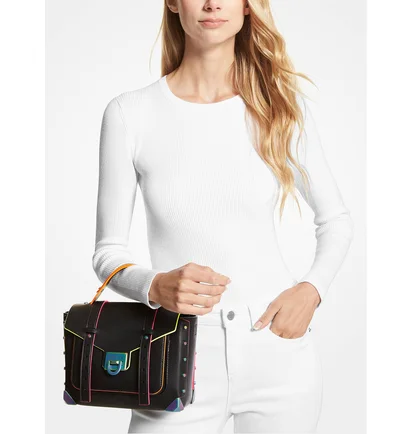 Сумка жіноча Michael Kors Manhattan Medium Contrast-Trim Leather Satchel Black 35H1TNCS8L-BLACK-25013
