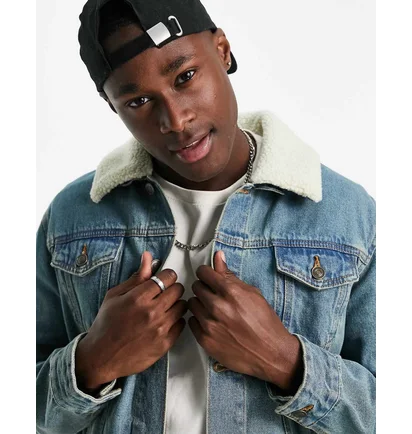 Джинсовка чоловіча Asos Asos Design Denim Jacket With Detachable Borg Collar Blue 109693753