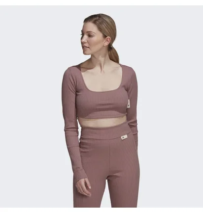 Лонгслів жіночий Adidas Studio Lounge Ribbed Cropped Long Sleeve Tee Brown Hh8500